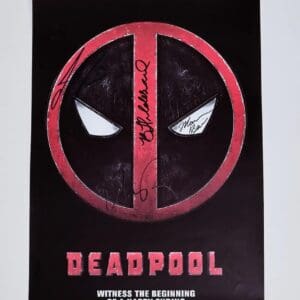 Deadpool poster with red logo and signatures.