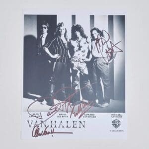 Black-and-white signed Van Halen band photo.