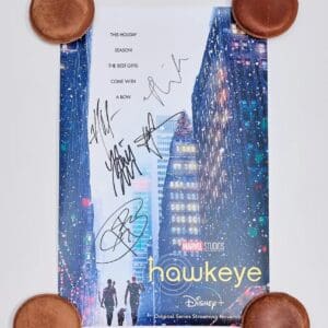 Hawkeye poster with signatures and city background.