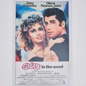 Grease movie poster with lead actors.