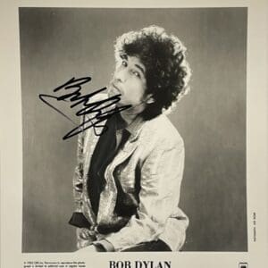 Black-and-white portrait of Bob Dylan, signed.