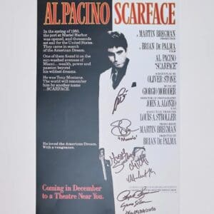 Scarface movie poster with autographs and text.
