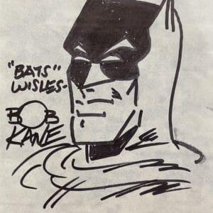 Drawing of a superhero with signature.