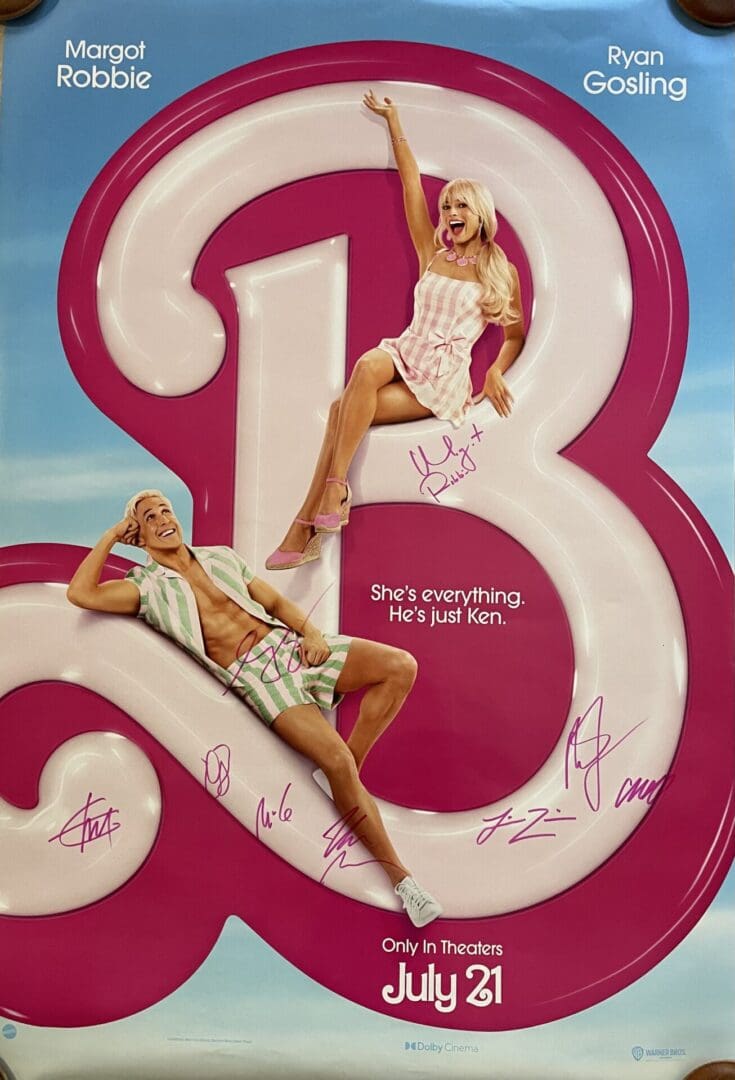 Barbie movie poster with cast signatures.