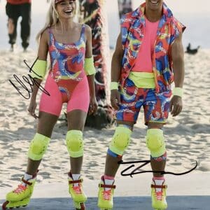 Couple roller skating in colorful outfits, smiling.