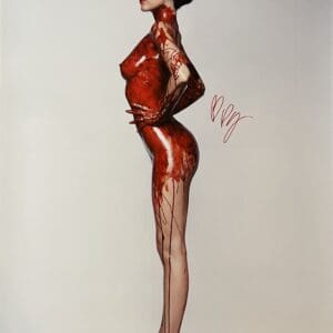 Woman in nurse hat covered in blood.