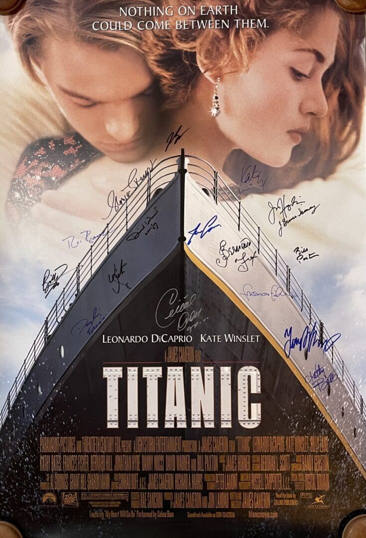 Titanic movie poster with autographs and ship.