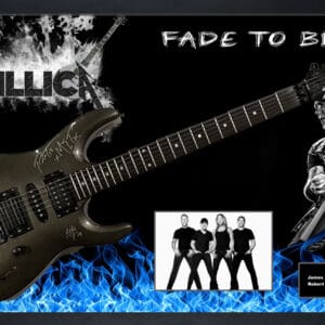 Electric guitar with band imagery and signatures.