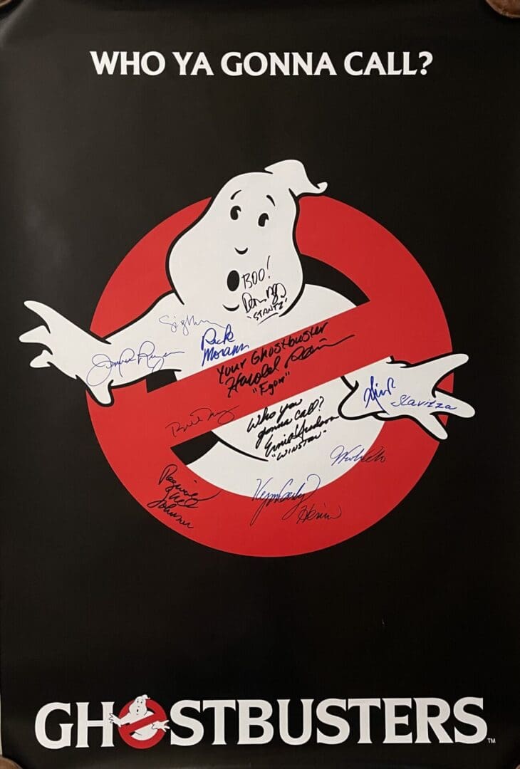 Ghostbusters poster with autographs and logo.