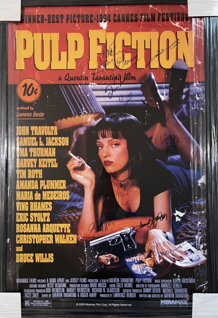 Pulp Fiction" movie poster with signatures.
