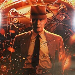 Man in suit with fiery background, "Oppenheimer.
