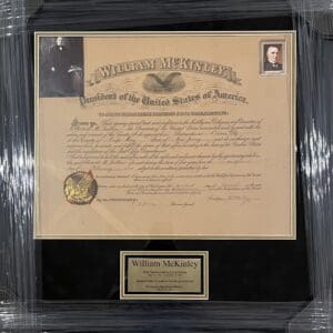 Framed William McKinley presidential certificate display.