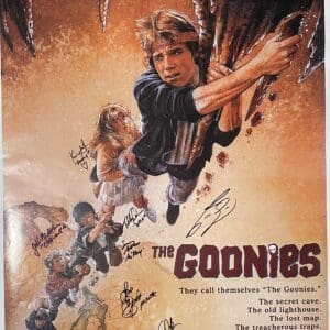 The Goonies" movie poster with signatures.