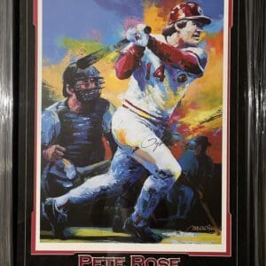 Baseball player hitting, colorful artistic depiction.