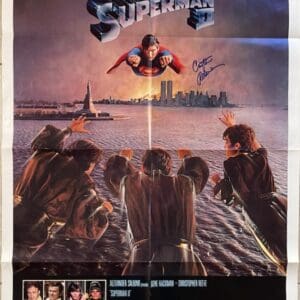 Superman flying over cityscape with villains below.