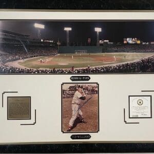 Framed baseball memorabilia with stadium and player.