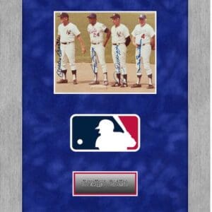 Framed baseball players photo with MLB logo.