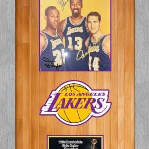Los Angeles Lakers framed photo and logo.