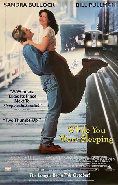 Couple embracing on train station platform poster.