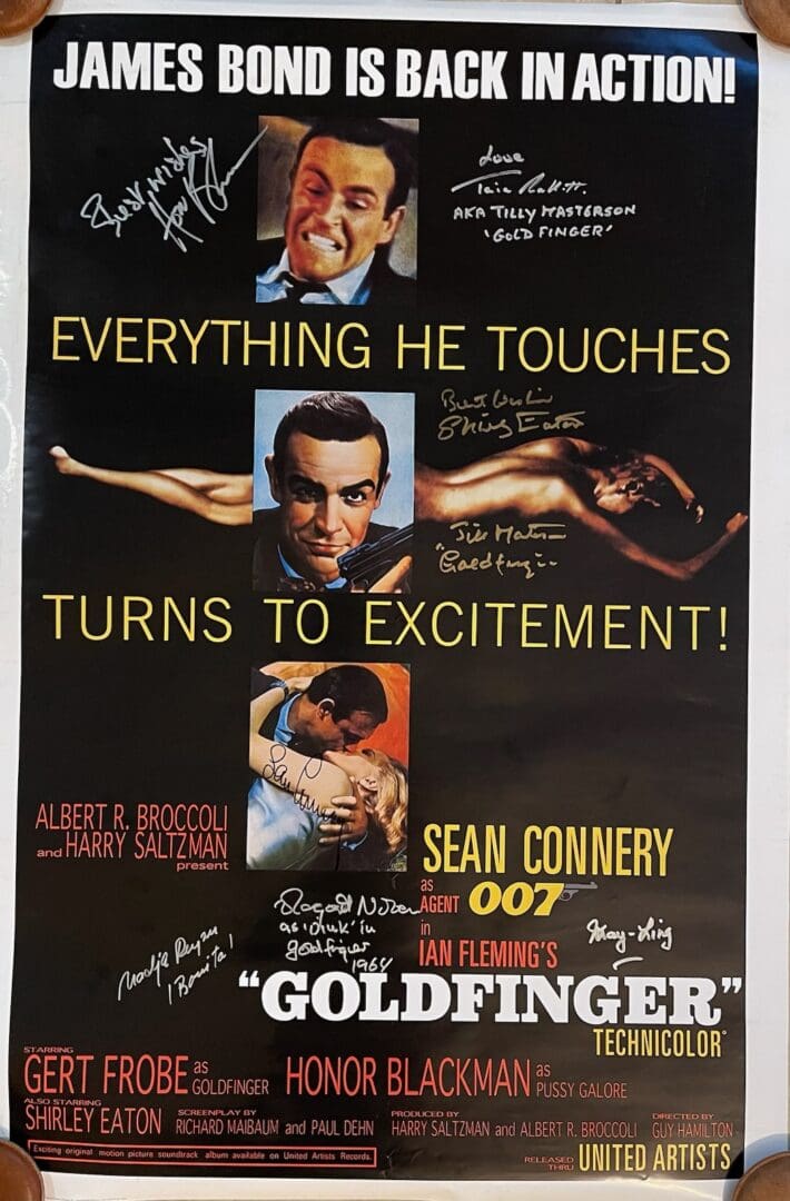 James Bond Goldfinger movie poster with signatures.