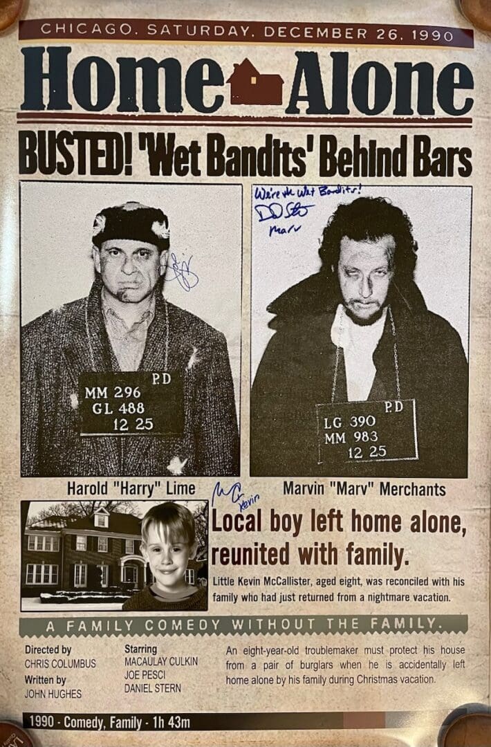 Home Alone newspaper with criminals' mugshots.