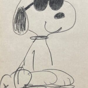 Snoopy doodle wearing sunglasses, by Schulz.