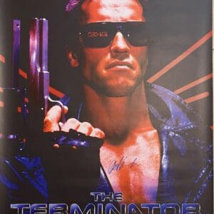 The Terminator movie poster with Schwarzenegger.