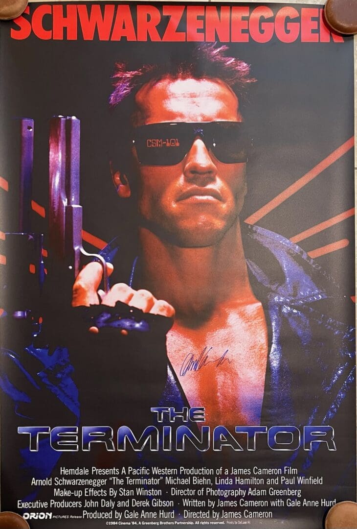 The Terminator movie poster with Schwarzenegger.