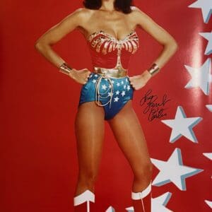 Woman in superhero costume with star background.