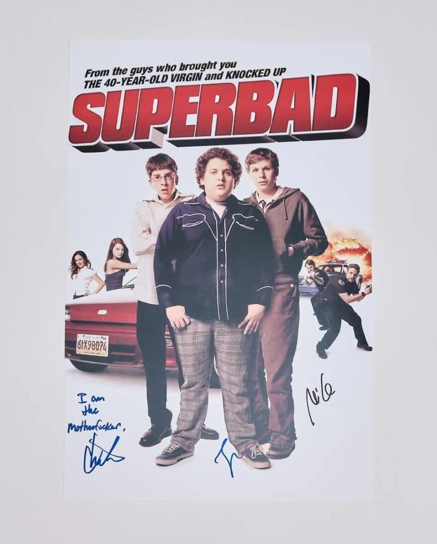 "Superbad" Mini Movie Poster Signed by Jonah Hill, Michael Cera, and Christopher Mintz-Plasse