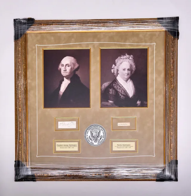 Framed President George Washington and Martha Washington Signatures With Photos