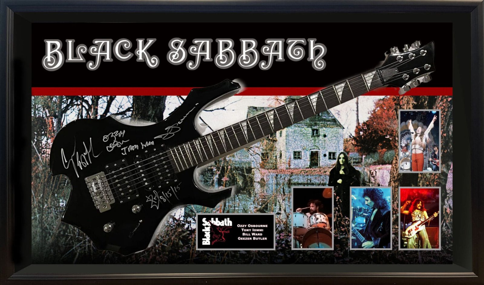 Black Sabbath signed guitar with band photos.