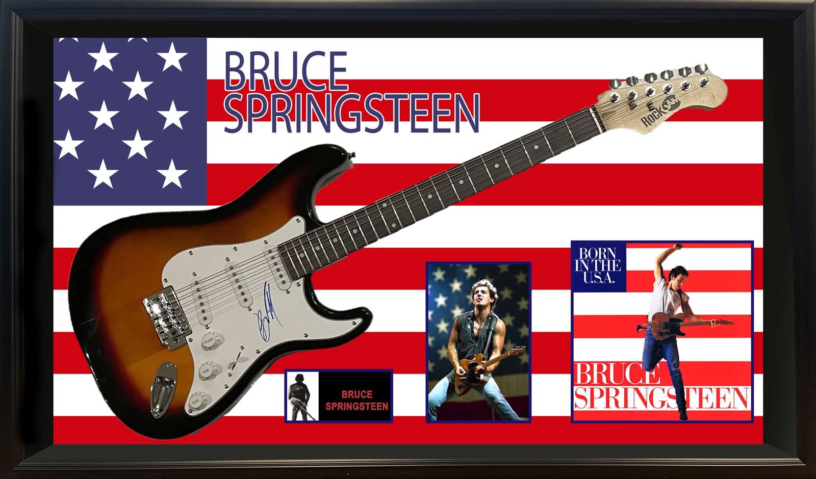 Guitar with Bruce Springsteen memorabilia display.