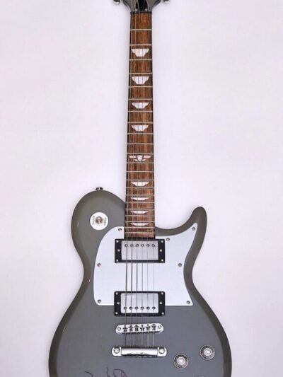 Silver electric guitar with wooden fretboard.