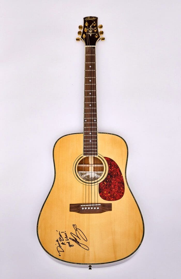 Acoustic guitar with signatures on body.