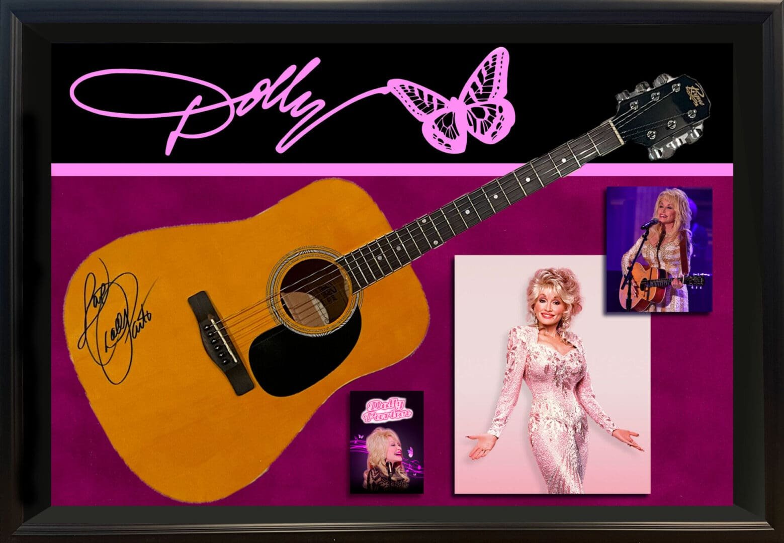 Guitar and photos with butterfly design.