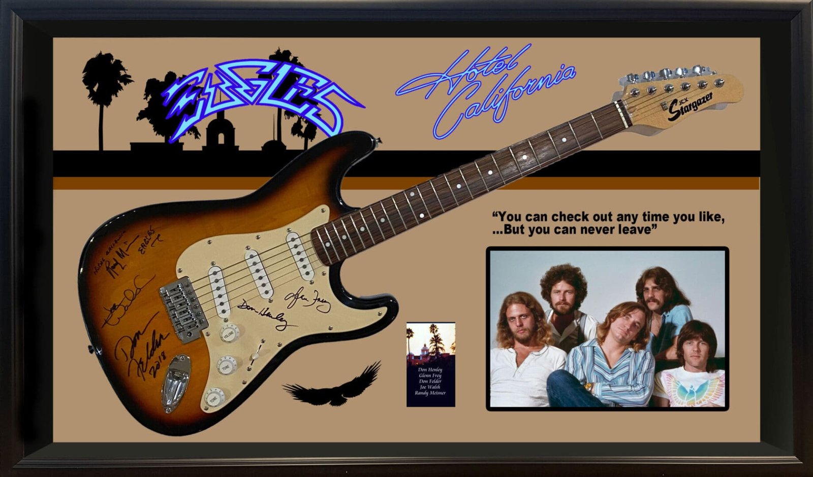 Signed guitar with Eagles "Hotel California" theme.