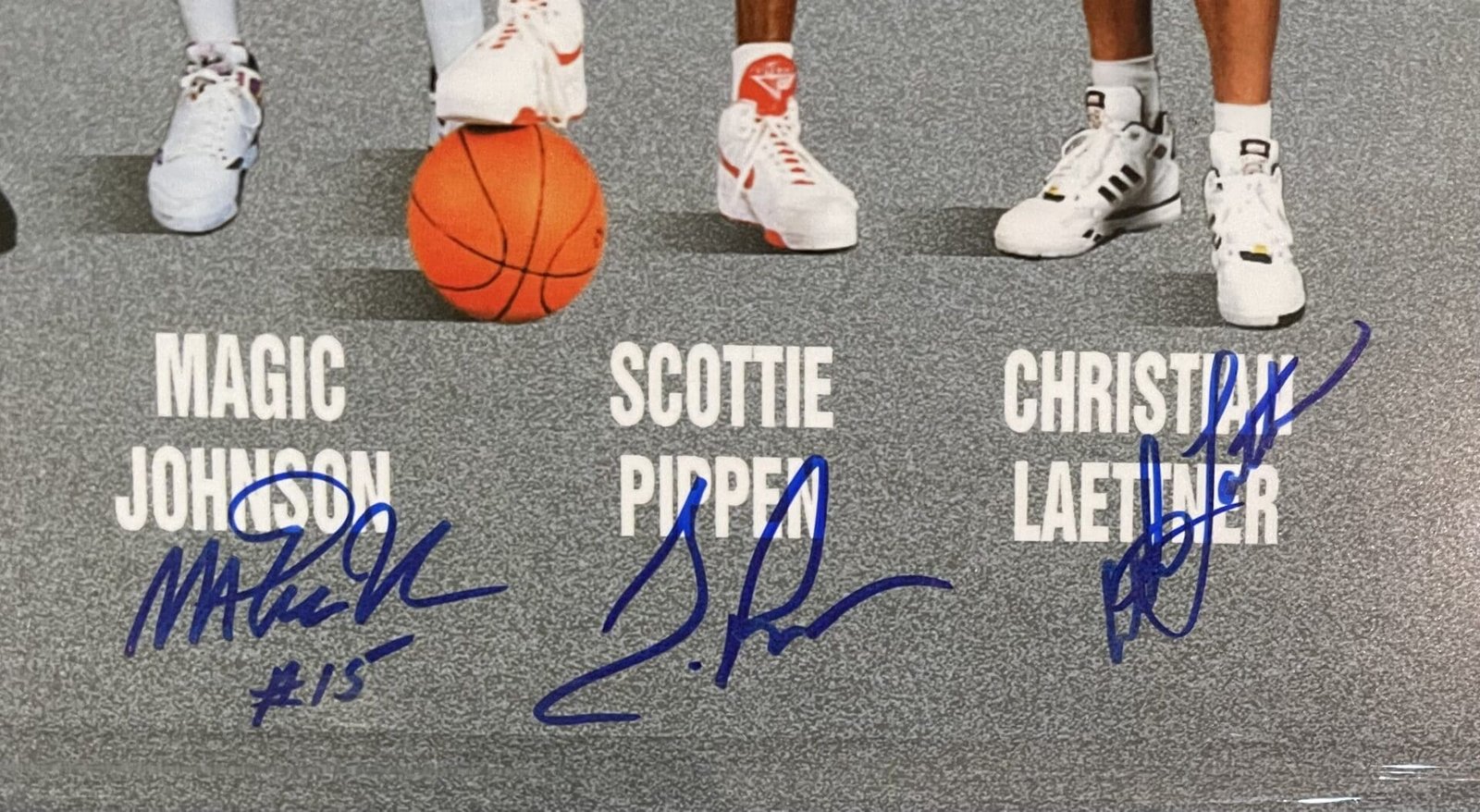 Basketball players' autographs and shoes display.