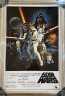 Star Wars movie poster with characters and spaceship.
