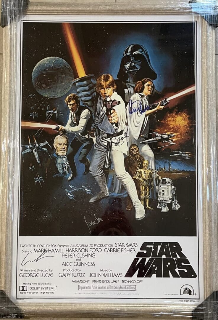 Star Wars movie poster with characters and spaceship.