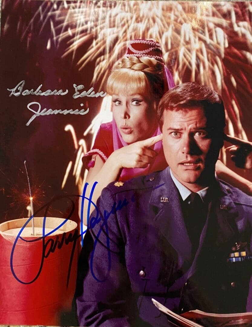 Man and woman with fireworks background.