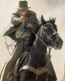 Man on horseback aiming gun forward.