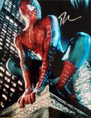 Spider-Man crouching on a city ledge.