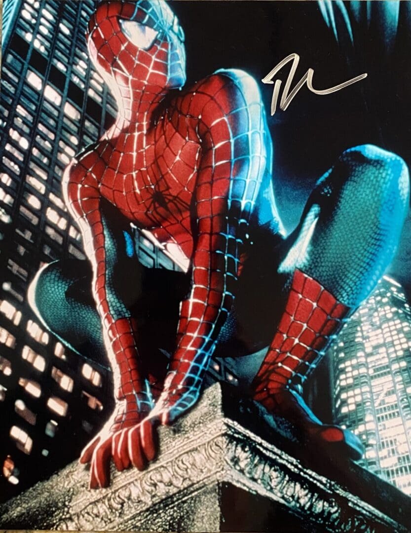 Spider-Man crouching on a city ledge.