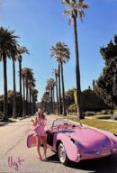Woman with pink car under palm trees.