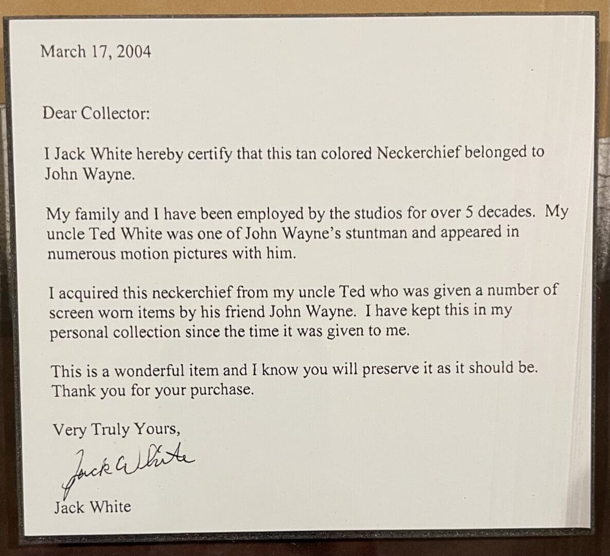 Letter certifying John Wayne's neckerchief ownership.