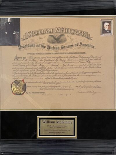 Framed William McKinley presidential certificate display.