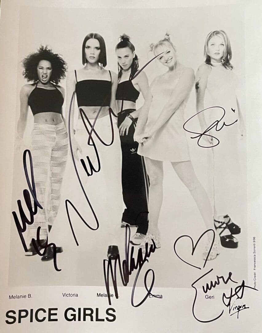 Spice Girls signed black and white photo.