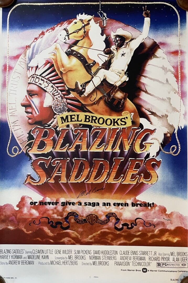 Blazing Saddles movie poster with cowboy illustration.