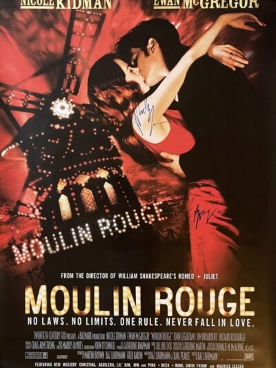 Moulin Rouge movie poster with embracing couple.